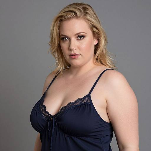 Photograph of a blonde woman with fair skin, wearing a black lace-trimmed camisole, standing against a gray background. She has shoulder