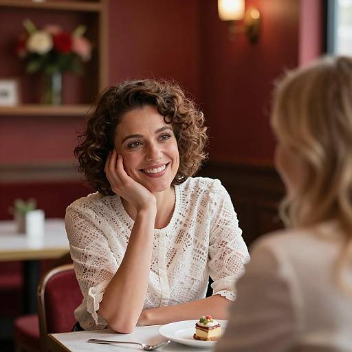 Smiling Woman in White Lace Blouse at Restaurant