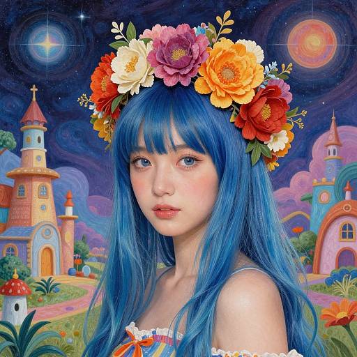 Digital artwork of a fair-skinned, blue-haired girl with a floral crown, in a vibrant, whimsical fantasy landscape with colorful buildings and a star