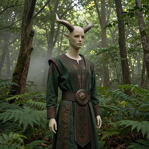 Digital artwork of a pale-skinned, elven woman with black horns, wearing an ornate dark green medieval robe in a misty forest.