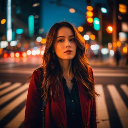 Woman Standing on Urban Crosswalk at Night