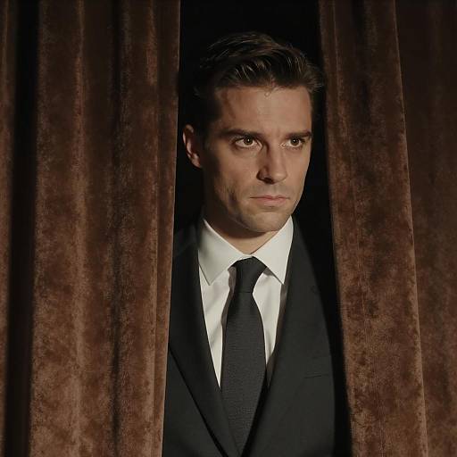 Man in Suit Behind Stage Curtains