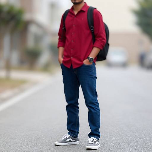 Photograph of a man in a red button-up shirt, dark blue jeans, black backpack, black-and-white sneakers, standing on a blurred urban street