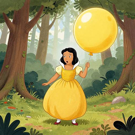 Cartoon illustration of a surprised young woman with black hair in a yellow dress holding a large yellow balloon in a lush forest.