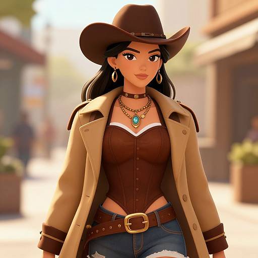 Digital illustration of a confident, brown-skinned woman with long black hair, wearing a brown cowboy hat, beige coat, brown corset, blue jeans