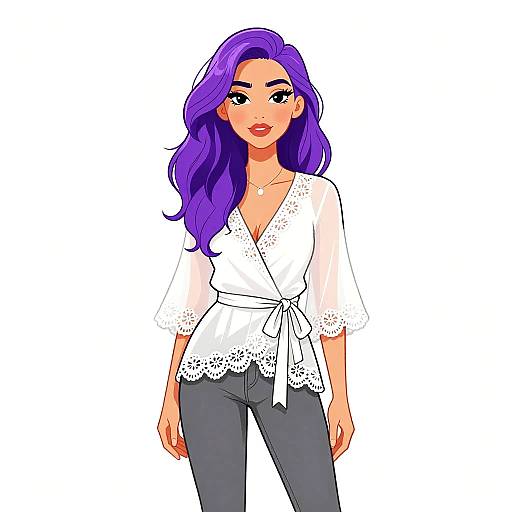 Digital illustration of a young woman with long, wavy purple hair, wearing a white lace top and gray pants, standing against a white background.