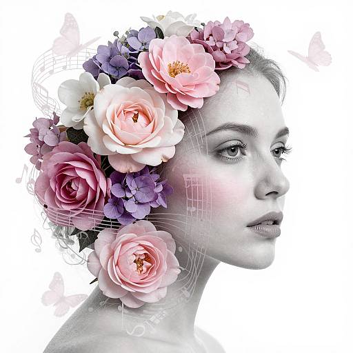 Digital portrait of a woman in profile with a floral crown of pink, purple, and white roses, monochrome face with pink blush, against a white