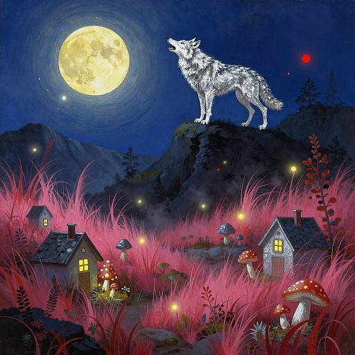 Digital illustration: A white, howling wolf stands on a hill under a full moon, overlooking glowing pink grass, fairy-like houses, and red-c