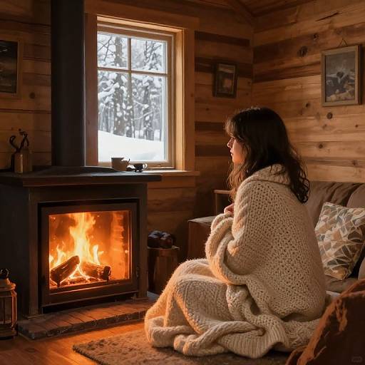 Photograph of a woman with wavy brown hair in a cozy, wooden cabin, sitting by a glowing fireplace, wrapped in a thick white knitted