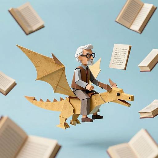 Photograph-style CGI of a white-haired, bespectacled man in brown vest and white turban, riding a paper dragon, surrounded by floating