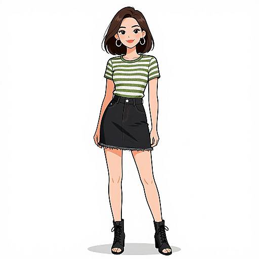 Digital illustration of a young woman with shoulder-length brown hair, wearing a green-and-white striped shirt, black high-waisted skirt, and black ankle