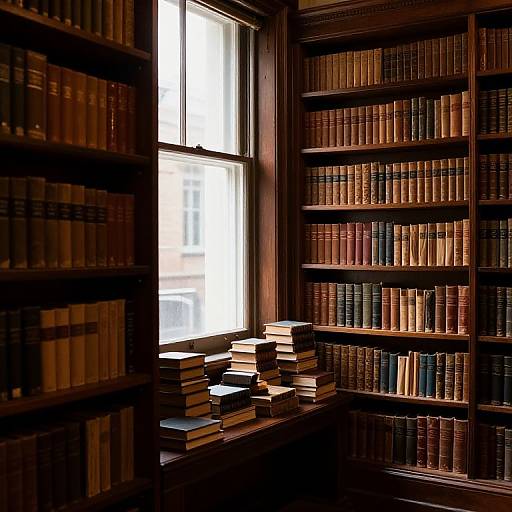Photograph of a dimly lit, wood-paneled library with tall shelves filled with old, leather-bound books. Sunlight streams through a window,