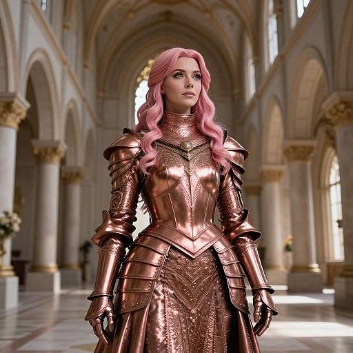 Digital artwork of a pink-haired woman in detailed, reflective copper armor standing in a grand, arched cathedral with sunlight streaming through.