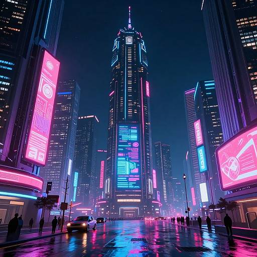 Neon-lit cyberpunk cityscape at night, featuring a tall skyscraper with vibrant pink, blue, and purple neon signs, surrounded by busy