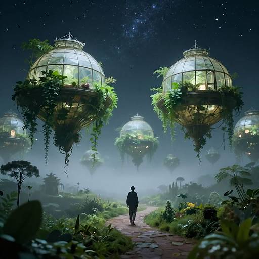 Digital artwork: Silhouetted figure walks on path, surrounded by glowing, floating glass domes with greenery, under starry night sky.