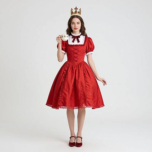 Photograph of a woman with fair skin and dark hair, wearing a red Victorian-style dress, white collar, crown, and red Mary Jane shoes,