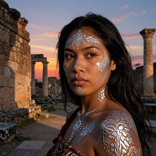 Photograph of a young woman with dark hair, adorned with silver tribal paint, standing in a sunlit ancient ruin at sunset.