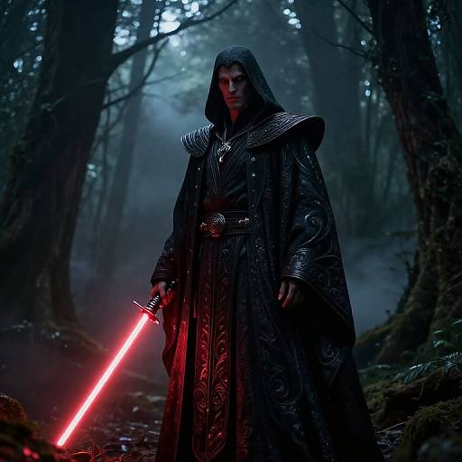 Photograph-style digital image of a brooding man in dark, ornate cloak holding glowing red lightsaber in misty, dark forest.