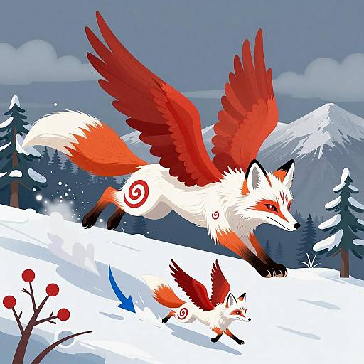 Winged Red and White Foxes Leaping in Snowy Landscape