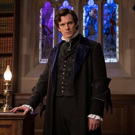 Photograph of a serious, dark-haired man in Victorian attire, black coat with fringes, standing in a dimly lit library with stained glass windows