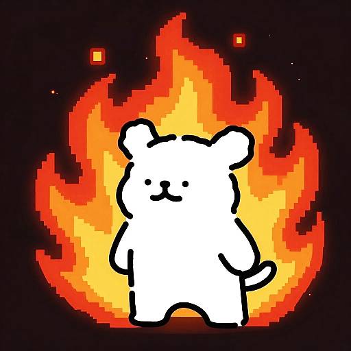 Pixel art of a white, smiling bear standing in a bright, fiery orange-yellow flame against a black background.