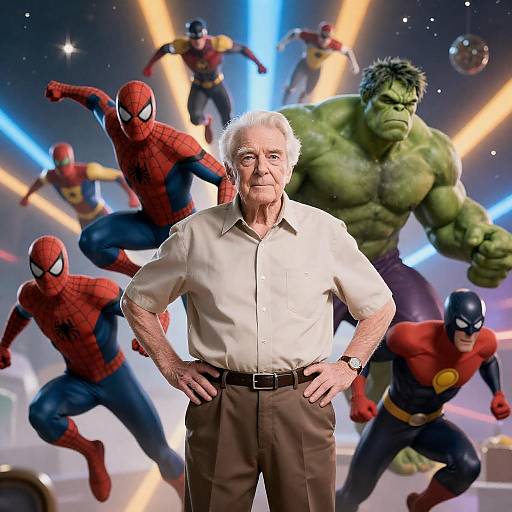 Old Man Among Vibrant Heroes and Villains