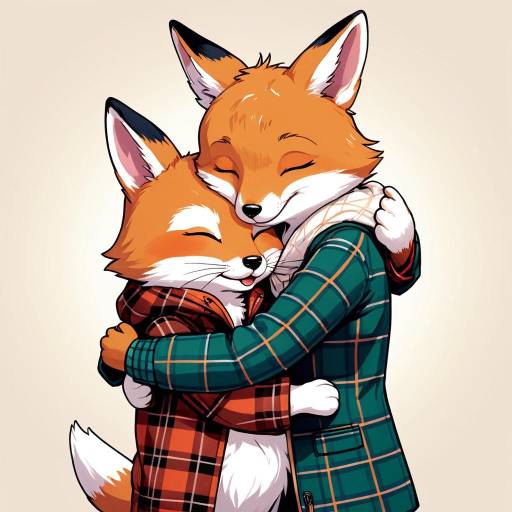 Two Foxes Hugging in Cozy Plaid Clothes