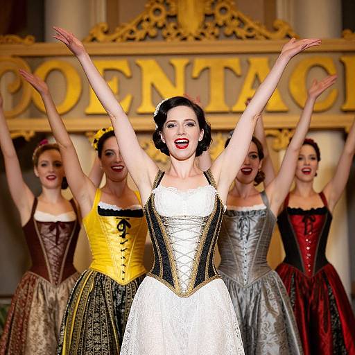 Photograph of five women in ornate corset dresses, standing with arms raised, centered on a golden 