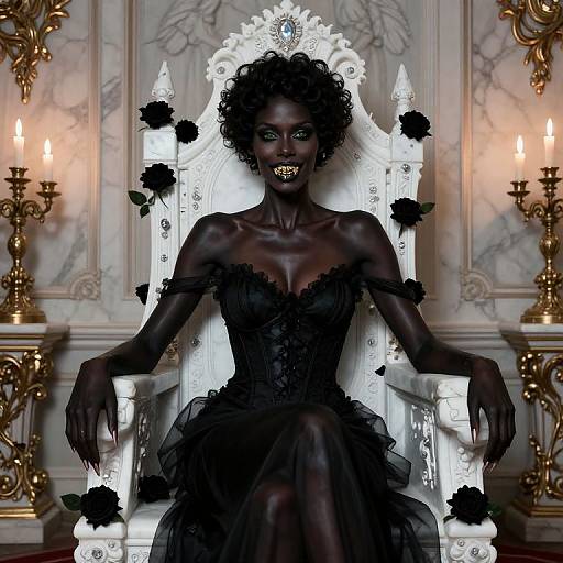 Digital artwork of a dark-skinned, black-haired woman with glowing green eyes, wearing a black lace dress and gold teeth, seated on an ornate