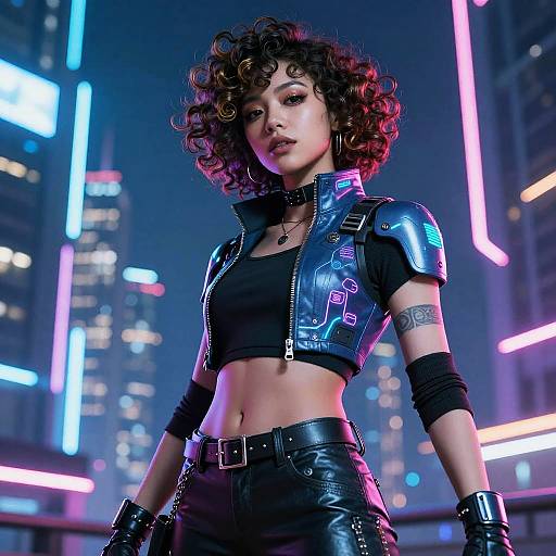 Digital artwork of a curly-haired woman in a neon-lit city, wearing a black crop top, shiny blue armor jacket, and black leather pants,