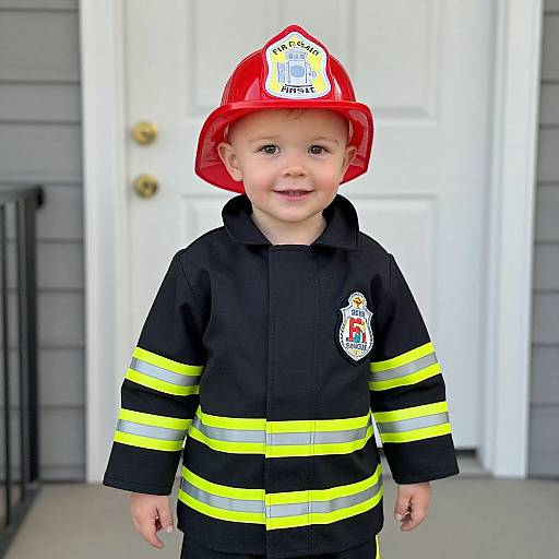Photograph of a smiling toddler wearing a red firefighter helmet and black fire-resistant jacket with yellow stripes, standing in front of a white door.