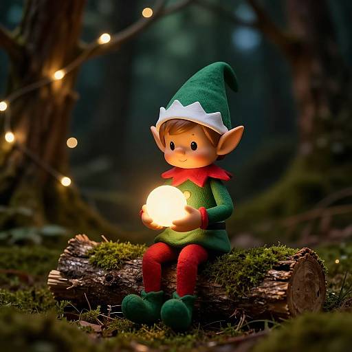 Photograph of a whimsical elf doll with green hat, red collar, and red pants, holding a glowing light bulb, sitting on moss-covered log