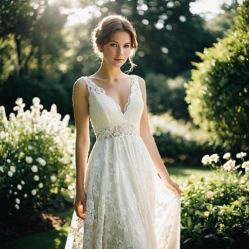 Bride in White Lace Wedding Dress in Sunlit Garden