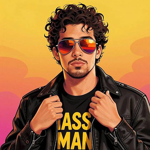 Digital illustration of a curly-haired, bearded man with red reflective sunglasses, black leather jacket, and 