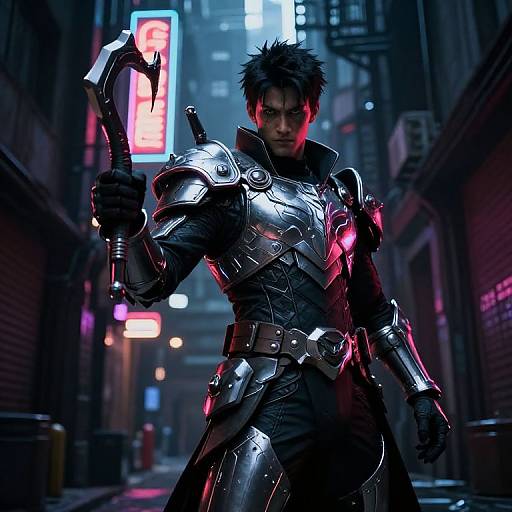 CGI cyberpunk image of a muscular man with spiky black hair, wearing shiny silver armor, holding a curved scythe, standing in a neon
