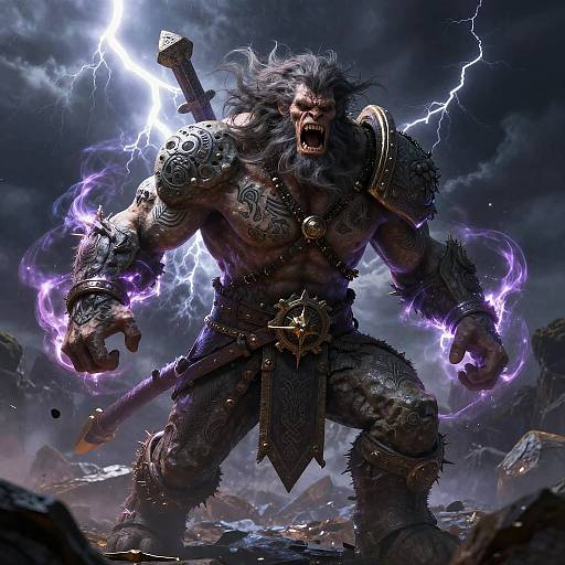 Digital art of a fierce, muscular, bearded warlord with lightning bolts and purple energy, wielding a sword, armored, and roaring in a storm