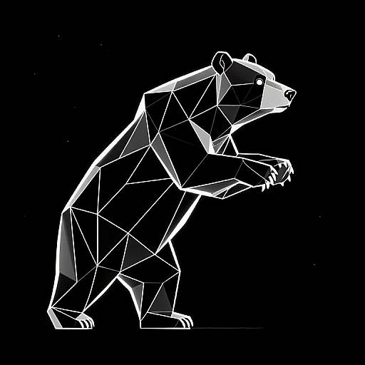 Digital geometric illustration of a standing bear in white polygonal shapes against a black background, highlighting angular, faceted design.