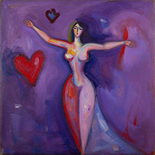 Abstract painting of a nude, fair-skinned woman with outstretched arms, surrounded by purple and blue hues, red heart shapes, and dark shadows