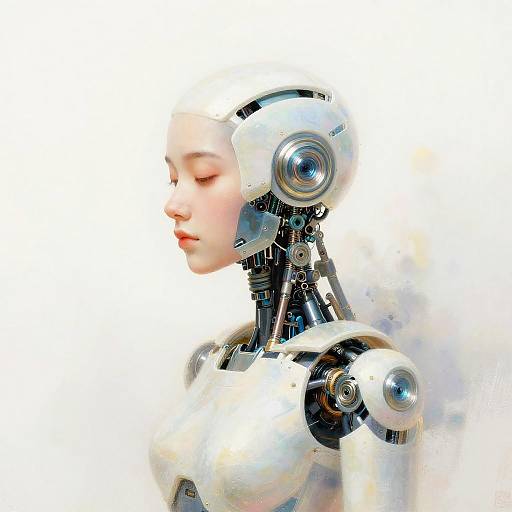 Digital artwork of a serene, white-skinned robot woman with closed eyes, metallic joints, and shiny white and silver components against a white background.