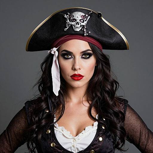 Photograph of a striking woman with pale skin, black wavy hair, and red lipstick, wearing a pirate hat with a skull emblem, black sheer