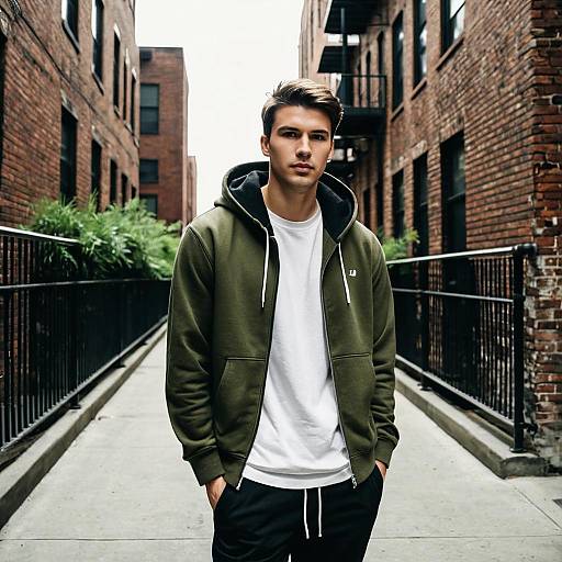 Young Man in Olive Green Hoodie Standing in Urban Alleyway