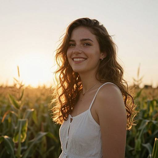 Photograph of a smiling young woman with long, wavy brown hair, wearing a white, sleeveless dress, standing in a sunlit cornfield