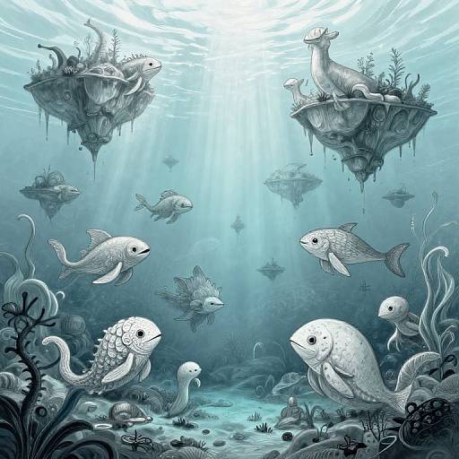 Whimsical underwater illustration of floating islands with various fish, including a patterned fish and a large white fish, surrounded by coral and seaweed,