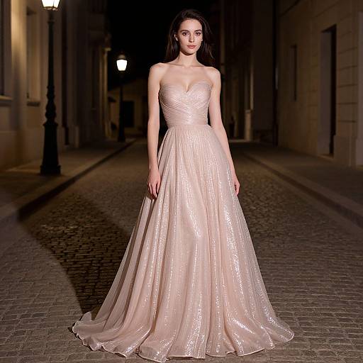 Photograph of a slender woman with fair skin and long dark hair, wearing a strapless, shimmering pink ball gown, standing on a dimly