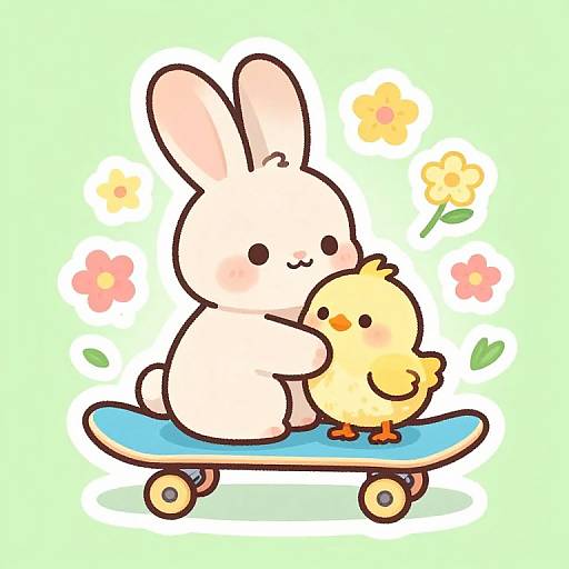 Cute cartoon bunny and chick riding a skateboard, surrounded by colorful flowers, in a vibrant, digital, chibi-style illustration.