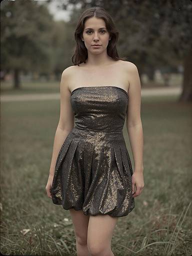 Photograph of a young woman with fair skin and brown hair, wearing a strapless, glittery black mini dress, standing in a grassy park