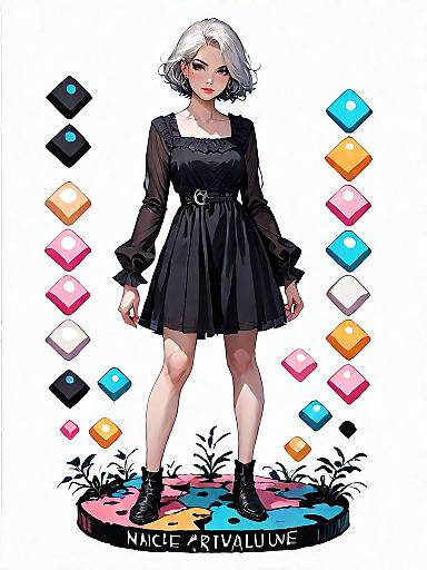 Stylish Woman in Black Dress with Colorful Geometric Shapes