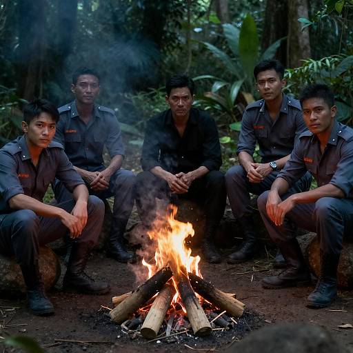 Men Around Campfire in Jungle Setting