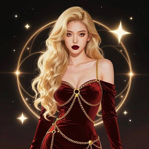 Digital artwork of a blonde woman with long wavy hair, wearing a deep red velvet dress with gold chains, against a starry night background with glowing