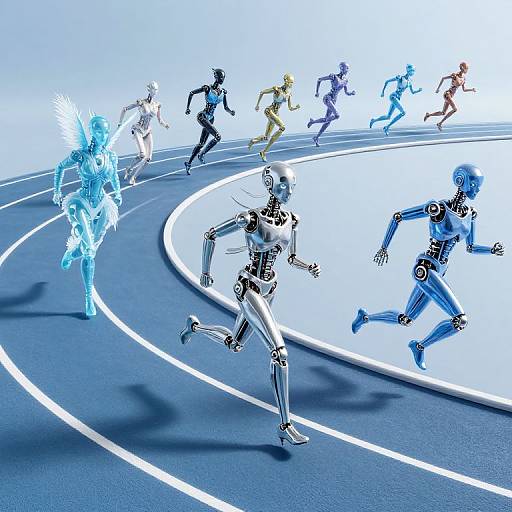 Digital illustration of eight robotic figures in varied colors racing on a curved blue track, with a glowing blue winged figure leading.